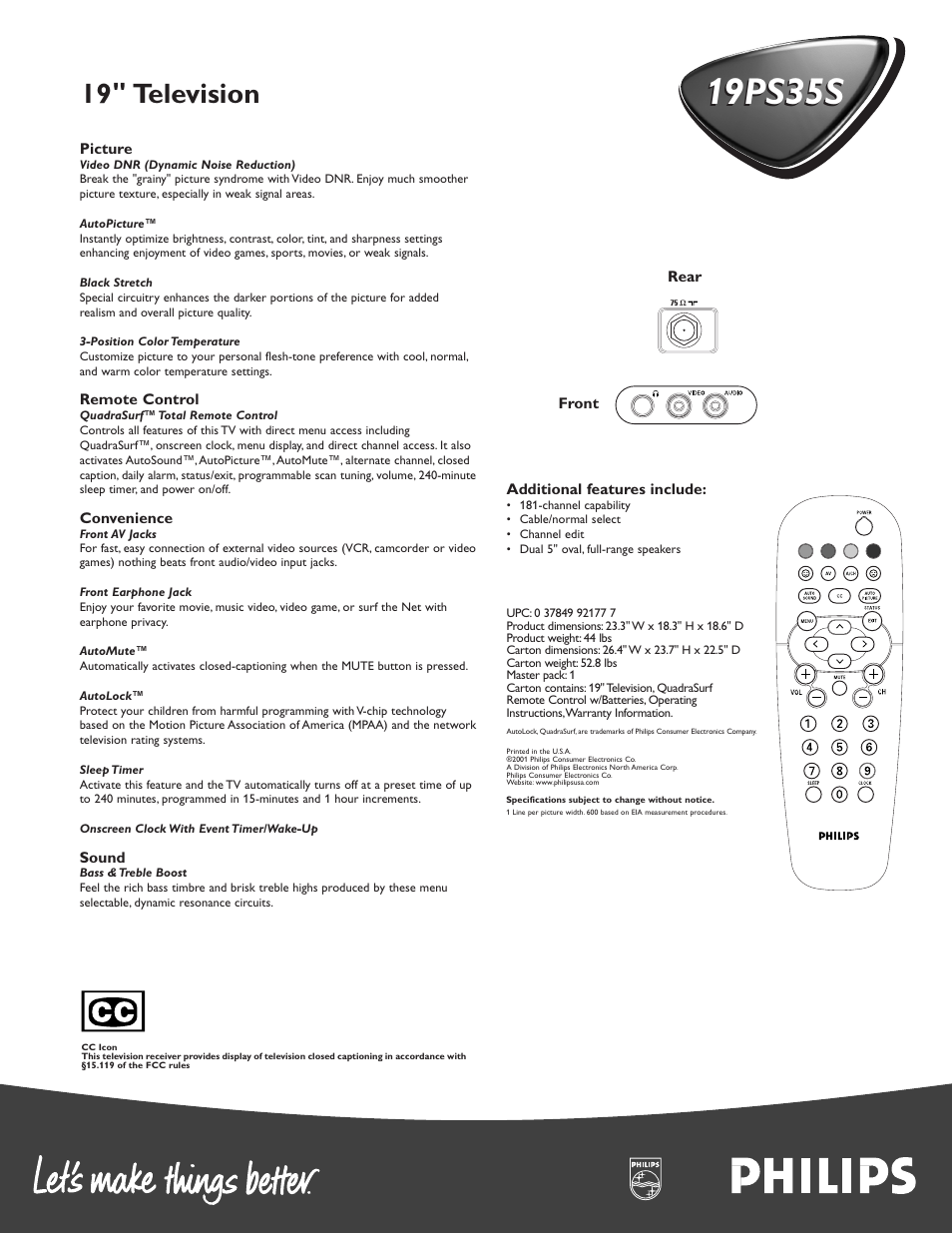 19ps35s, 19 " television | Philips 19PS35S User Manual | Page 2 / 2