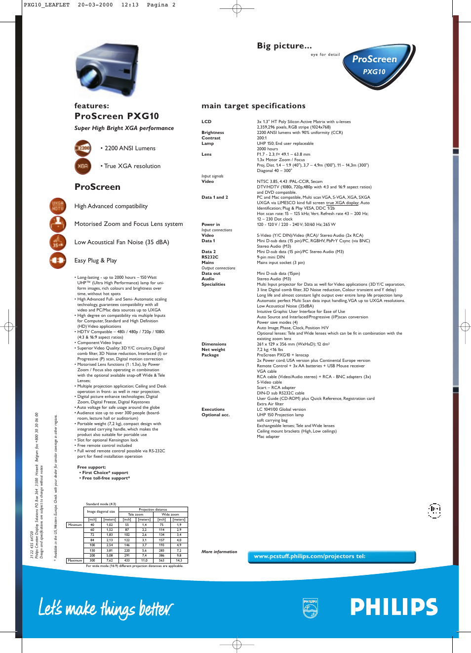 Proscreen, Proscreen pxg10, Big picture | Features, Main target specifications, Pxg10, 2200 ansi lumens • true xga resolution | Philips ProScreen PXG10 User Manual | Page 4 / 6