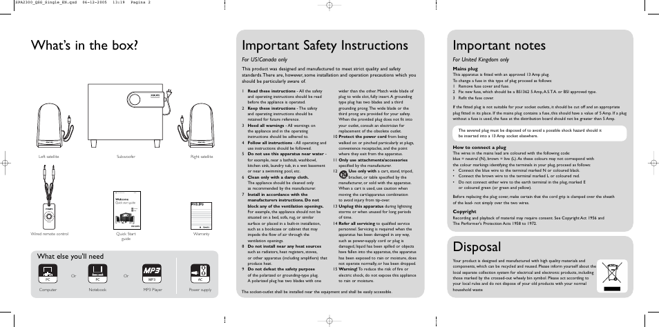 Important safety instructions, What’s in the box, Disposal | What else you'll need, For us/canada only, For united kingdom only | Philips Simply Superior Performance SPA2300 User Manual | Page 2 / 2