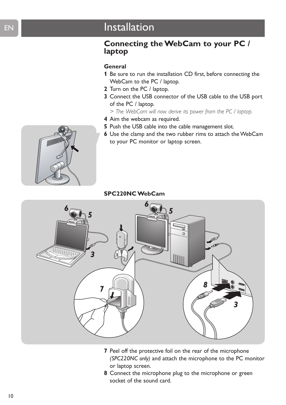 Installation | Philips SPC225NC User Manual | Page 10 / 21