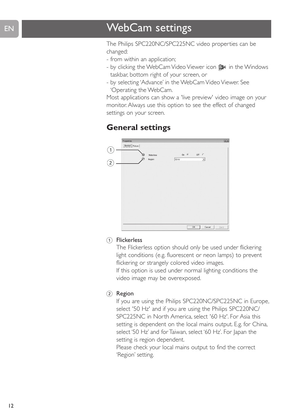 Webcam settings, General settings | Philips SPC225NC User Manual | Page 12 / 21