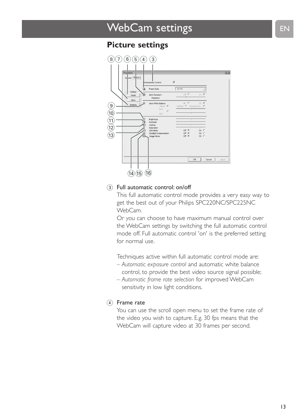 Webcam settings, Picture settings | Philips SPC225NC User Manual | Page 13 / 21