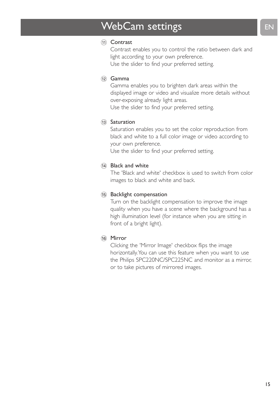 Webcam settings | Philips SPC225NC User Manual | Page 15 / 21