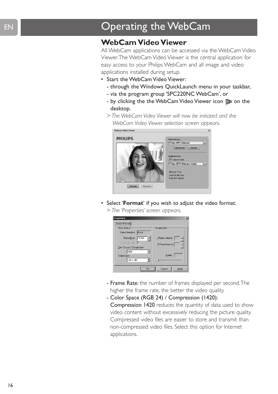 Operating the webcam, Webcam video viewer | Philips SPC225NC User Manual | Page 16 / 21