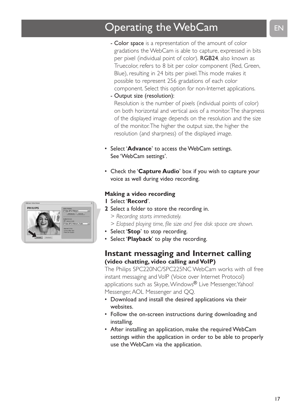 Operating the webcam, Instant messaging and internet calling | Philips SPC225NC User Manual | Page 17 / 21