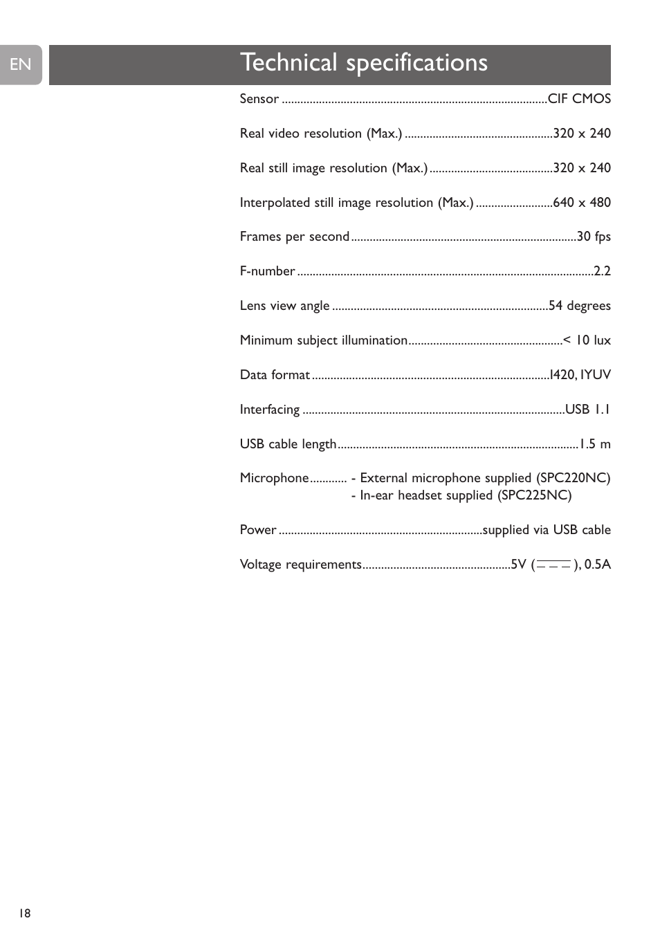 Technical specifications | Philips SPC225NC User Manual | Page 18 / 21