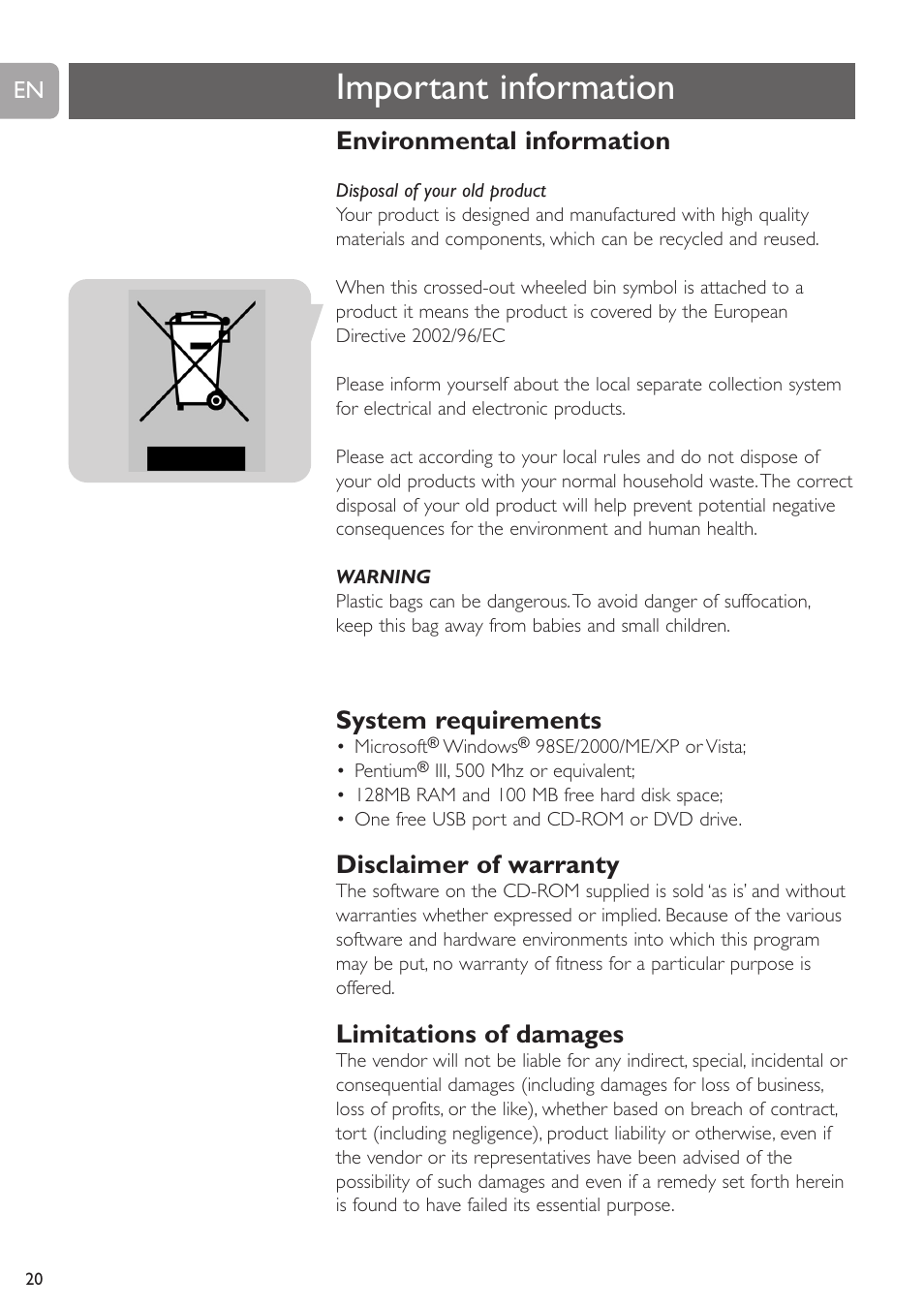 Important information, Environmental information, System requirements | Disclaimer of warranty, Limitations of damages | Philips SPC225NC User Manual | Page 20 / 21