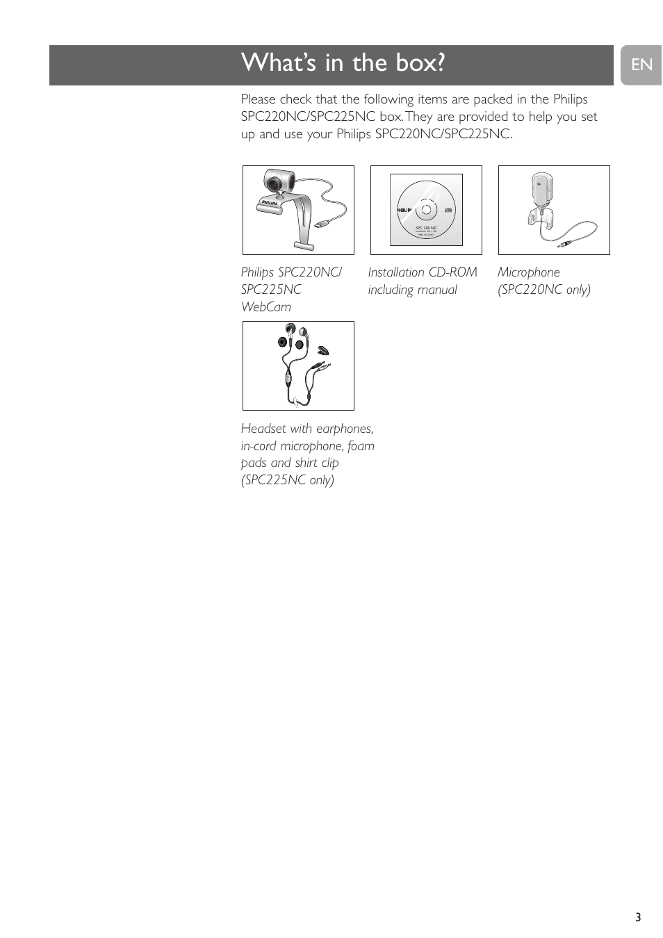 What’s in the box | Philips SPC225NC User Manual | Page 3 / 21
