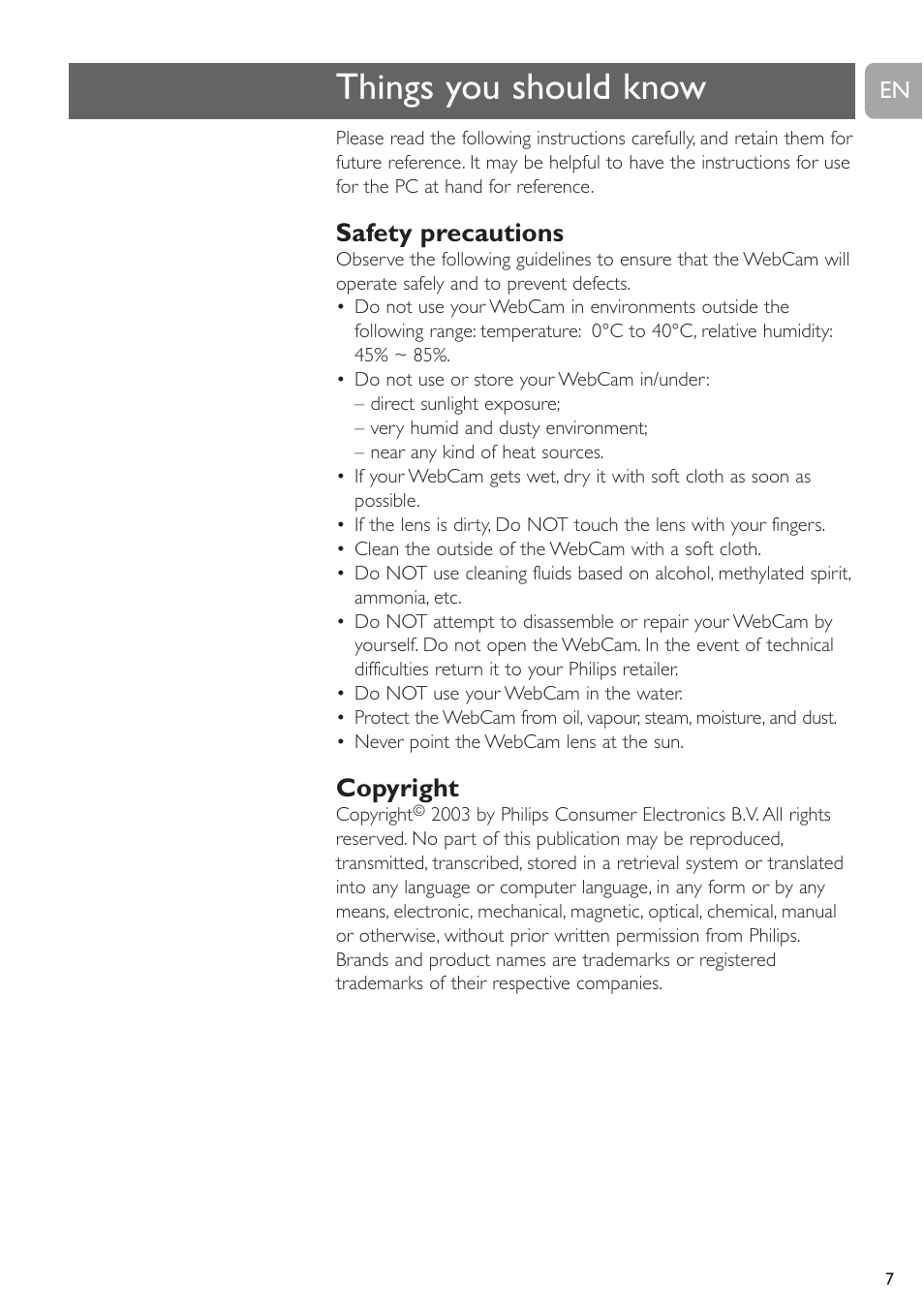 Things you should know, Safety precautions, Copyright | Philips SPC225NC User Manual | Page 7 / 21