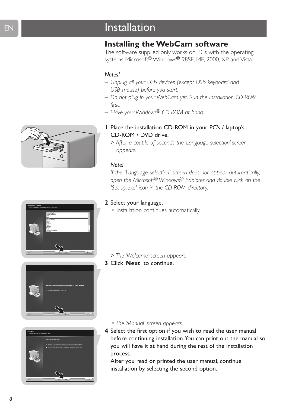 Installation, Installing the webcam software | Philips SPC225NC User Manual | Page 8 / 21