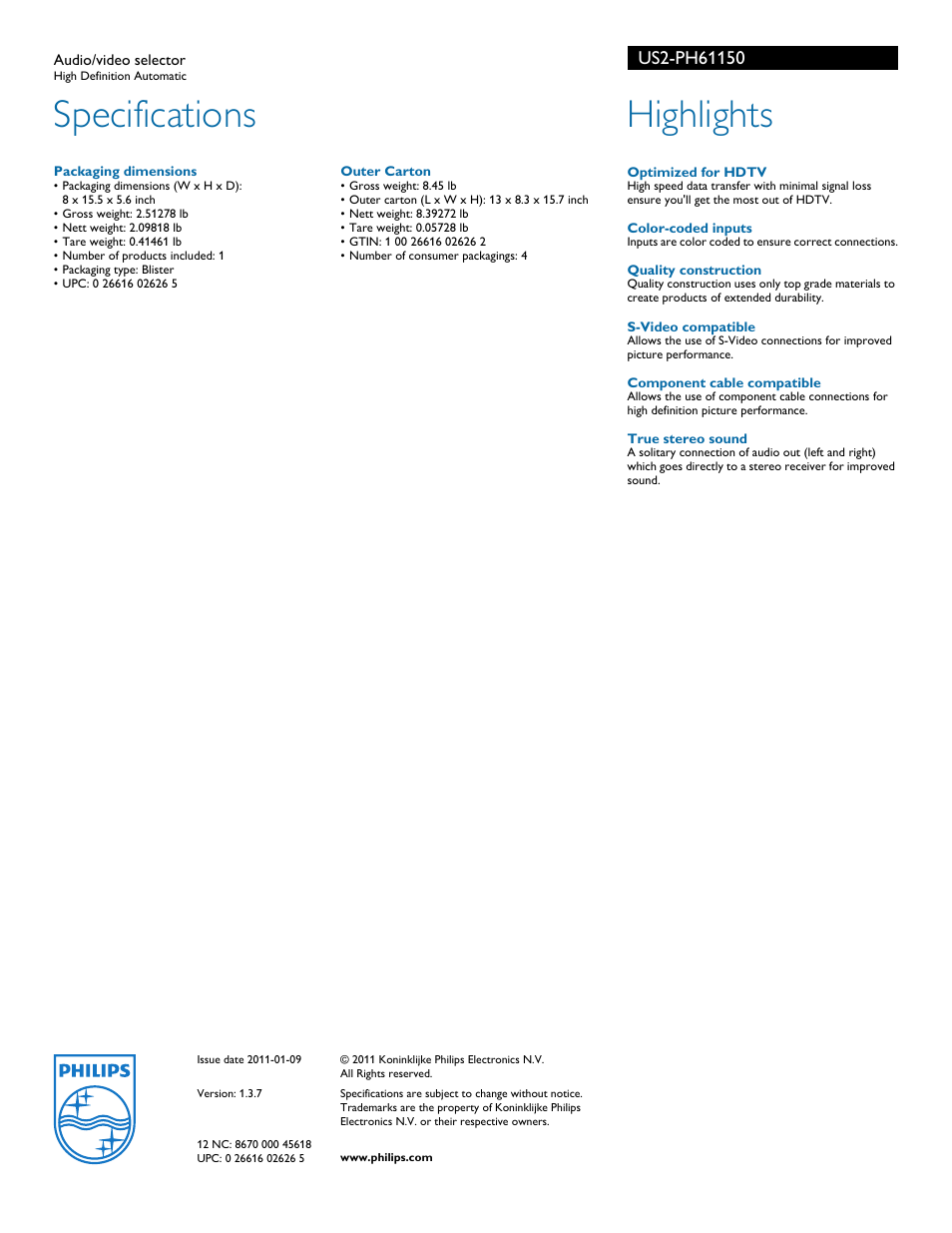 Specifications, Highlights | Philips Audio/Video Selector US2-PH61150 User Manual | Page 2 / 2