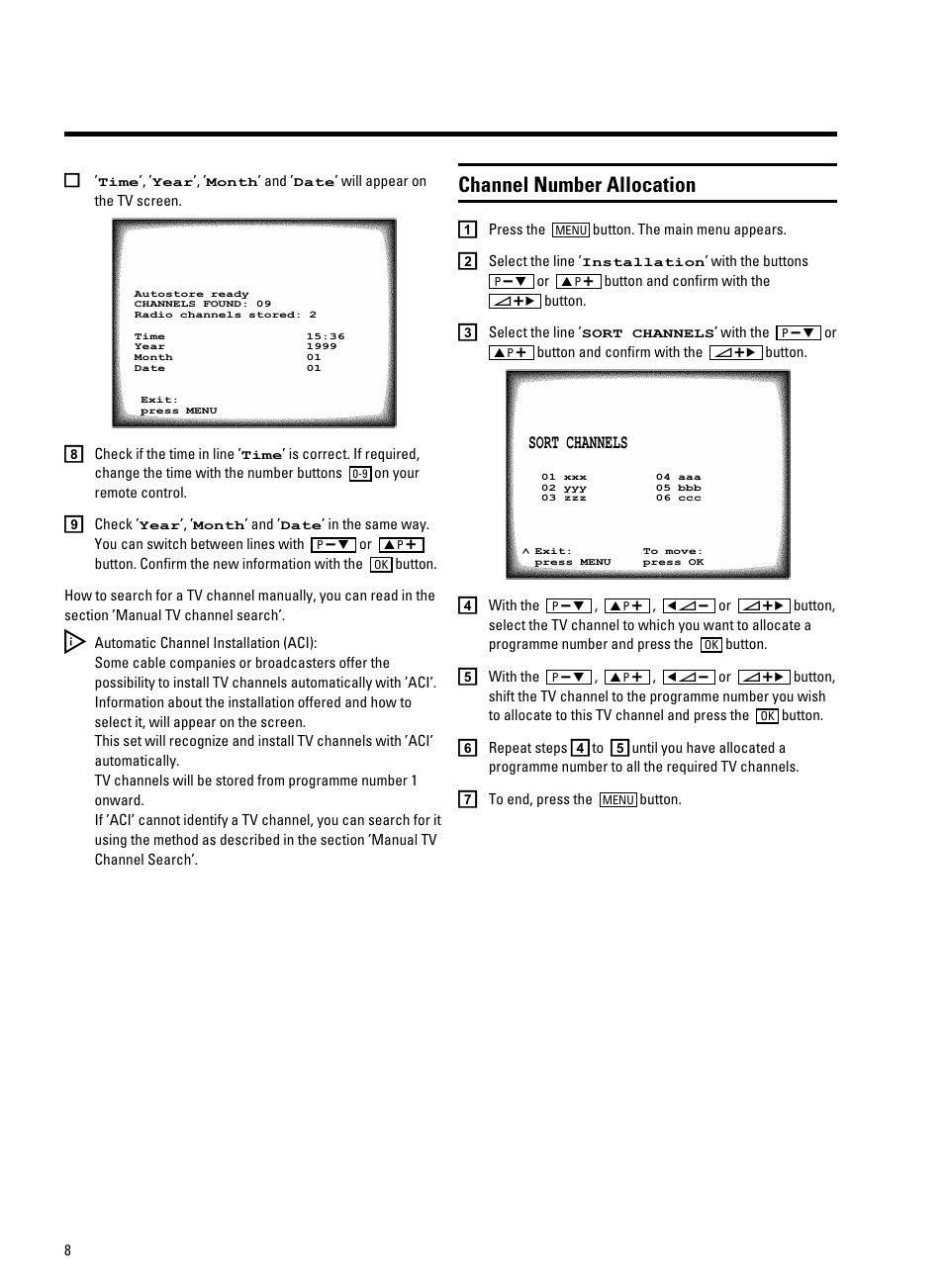 Channel number allocation | Philips 14PV340 User Manual | Page 10 / 26