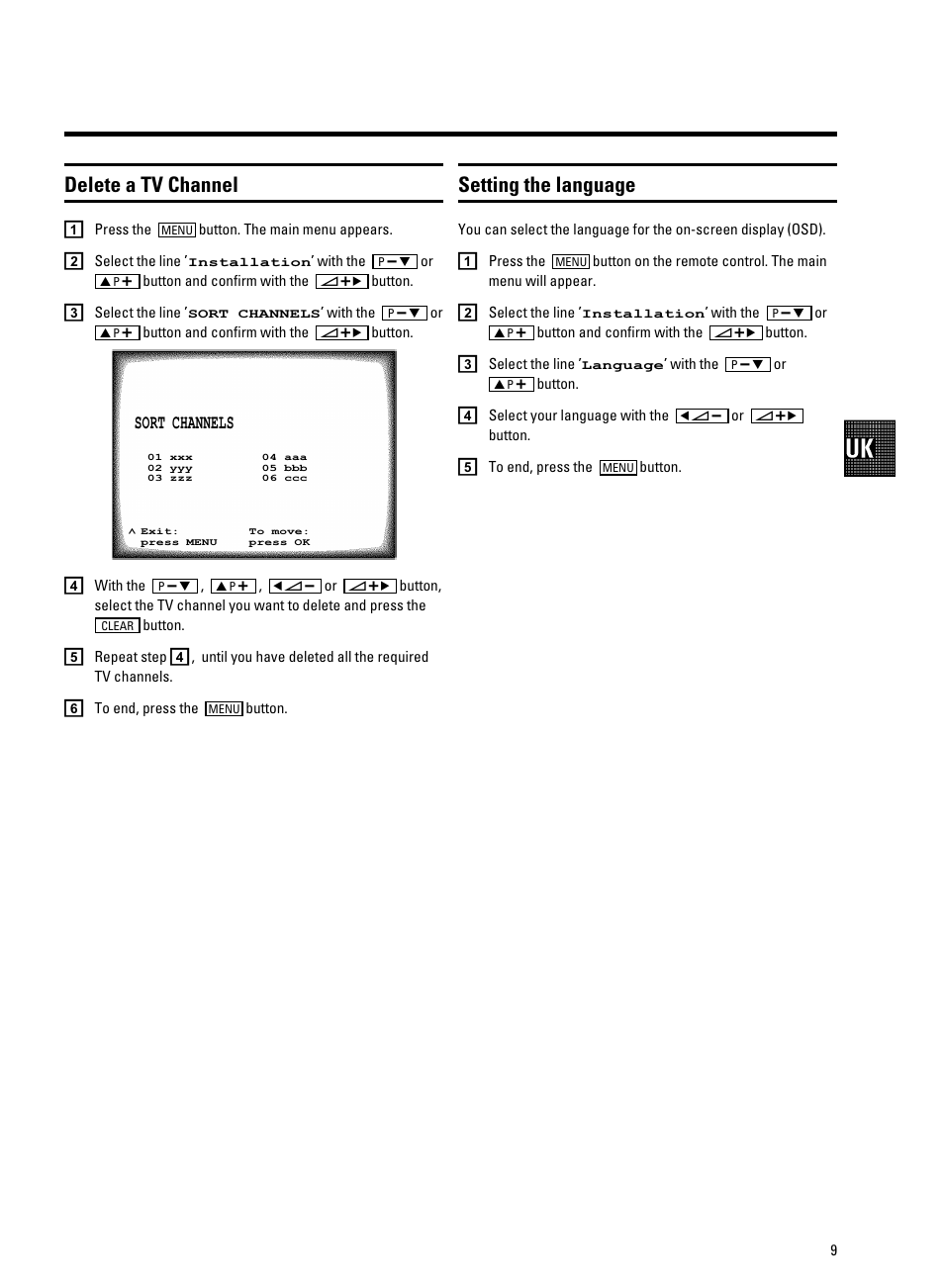 Delete a tv channel, Setting the language | Philips 14PV340 User Manual | Page 11 / 26