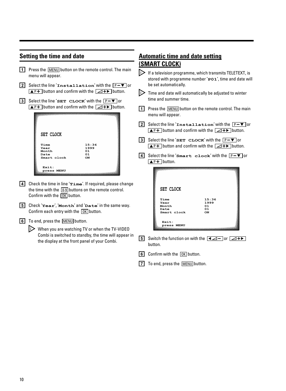 Setting the time and date, Automatic time and date setting (smart clock) | Philips 14PV340 User Manual | Page 12 / 26