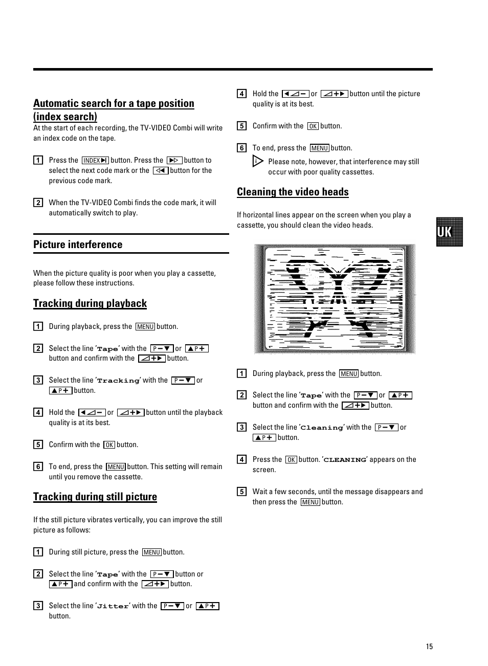 Picture interference, Tracking during playback, Tracking during still picture | Cleaning the video heads | Philips 14PV340 User Manual | Page 17 / 26