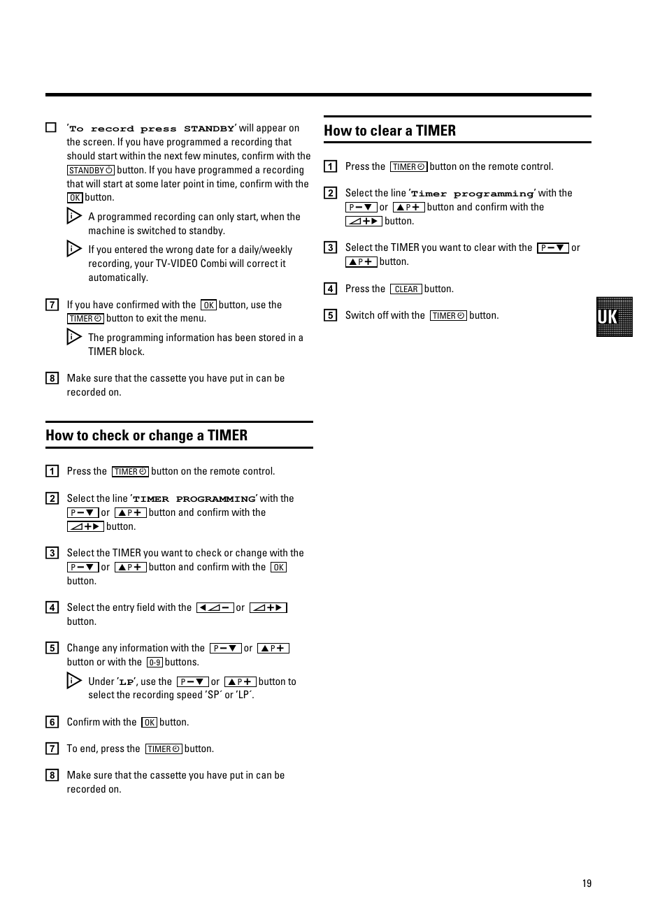 How to check or change a timer, How to clear a timer | Philips 14PV340 User Manual | Page 21 / 26