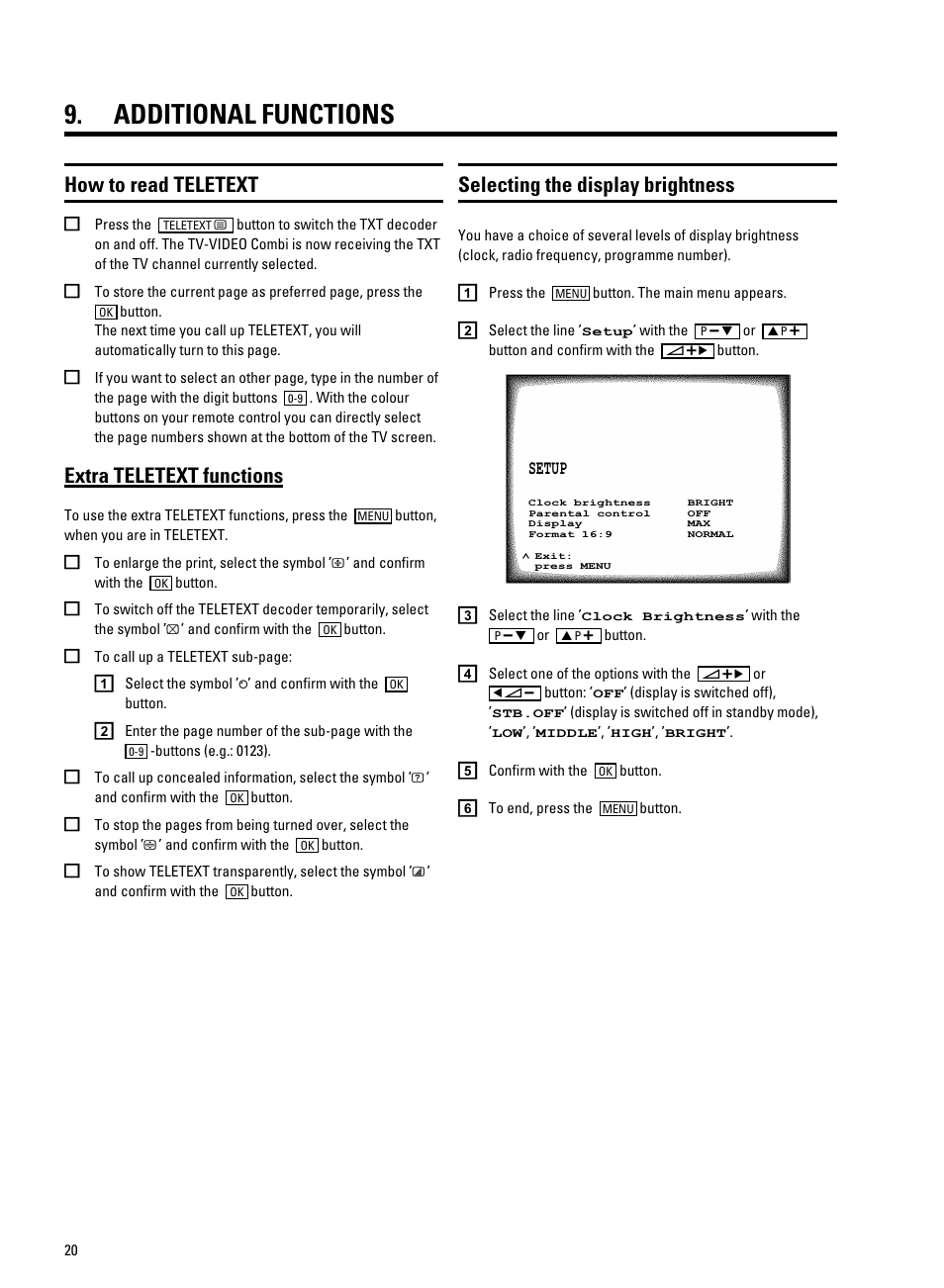 Additional functions, How to read teletext, Extra teletext functions | Selecting the display brightness | Philips 14PV340 User Manual | Page 22 / 26