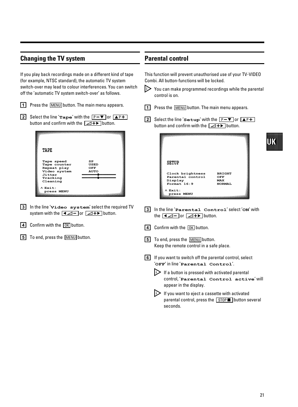 Changing the tv system, Parental control | Philips 14PV340 User Manual | Page 23 / 26
