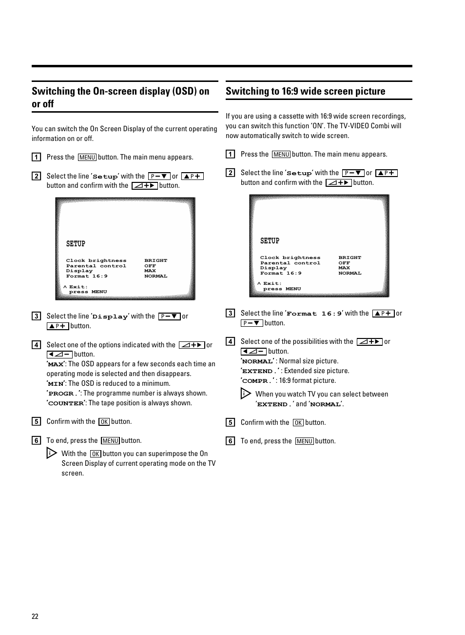 Switching the on-screen display (osd) on or off, Switching to 16:9 wide screen picture | Philips 14PV340 User Manual | Page 24 / 26