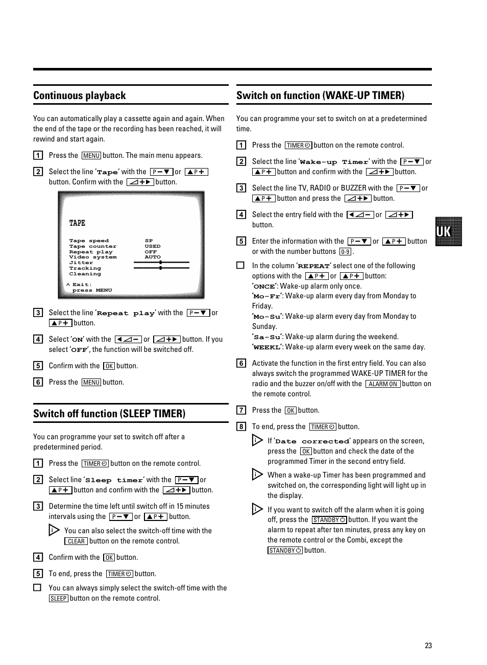Continuous playback, Switch off function (sleep timer), Switch on function (wake-up timer) | Philips 14PV340 User Manual | Page 25 / 26
