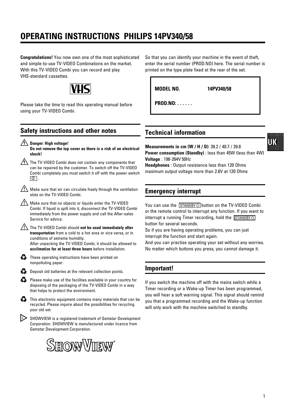 Technical information, Emergency interrupt, Important | Philips 14PV340 User Manual | Page 4 / 26