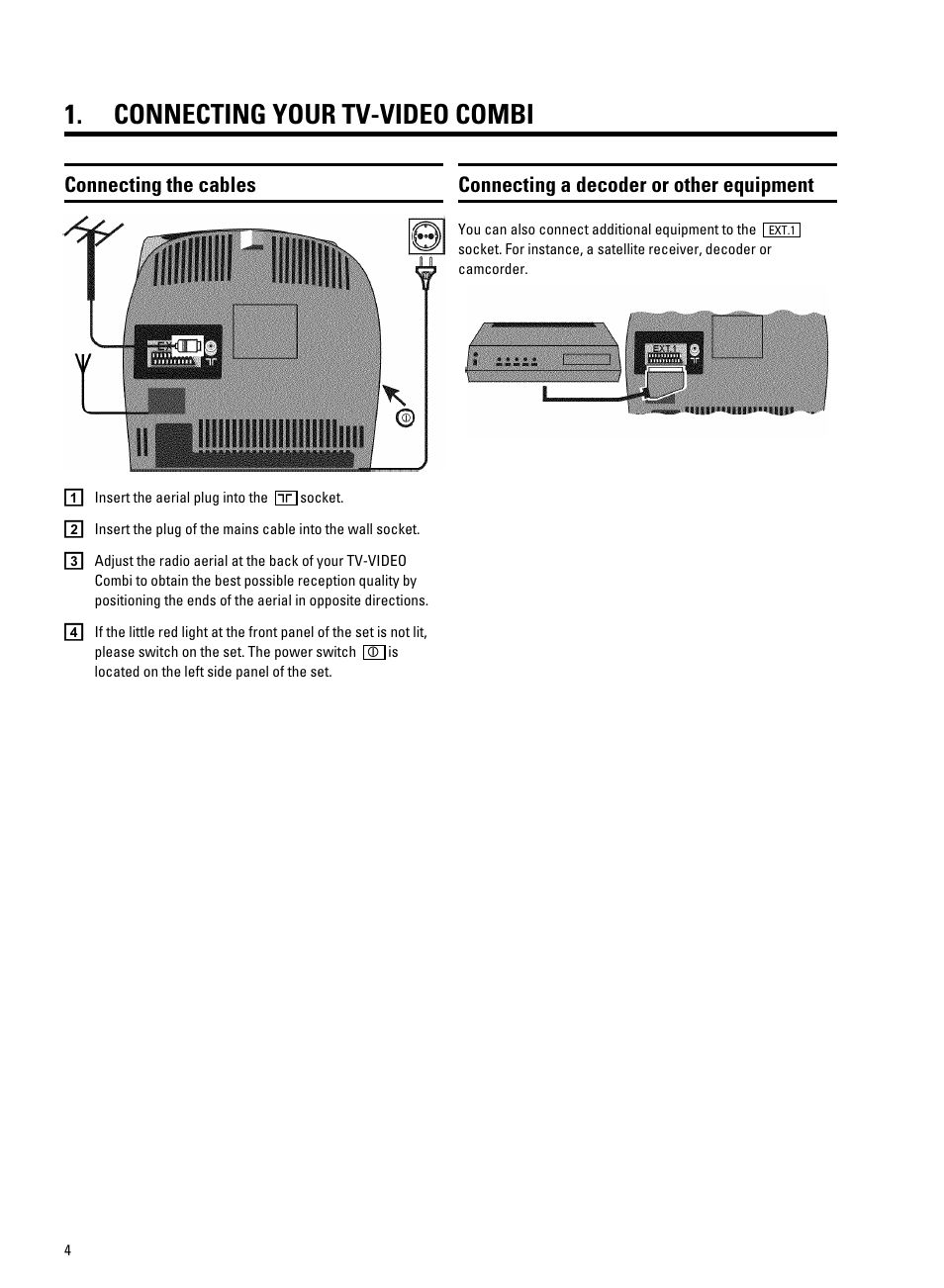 Connecting your tv-video combi, Connecting the cables, Connecting a decoder or other equipment | Philips 14PV340 User Manual | Page 6 / 26