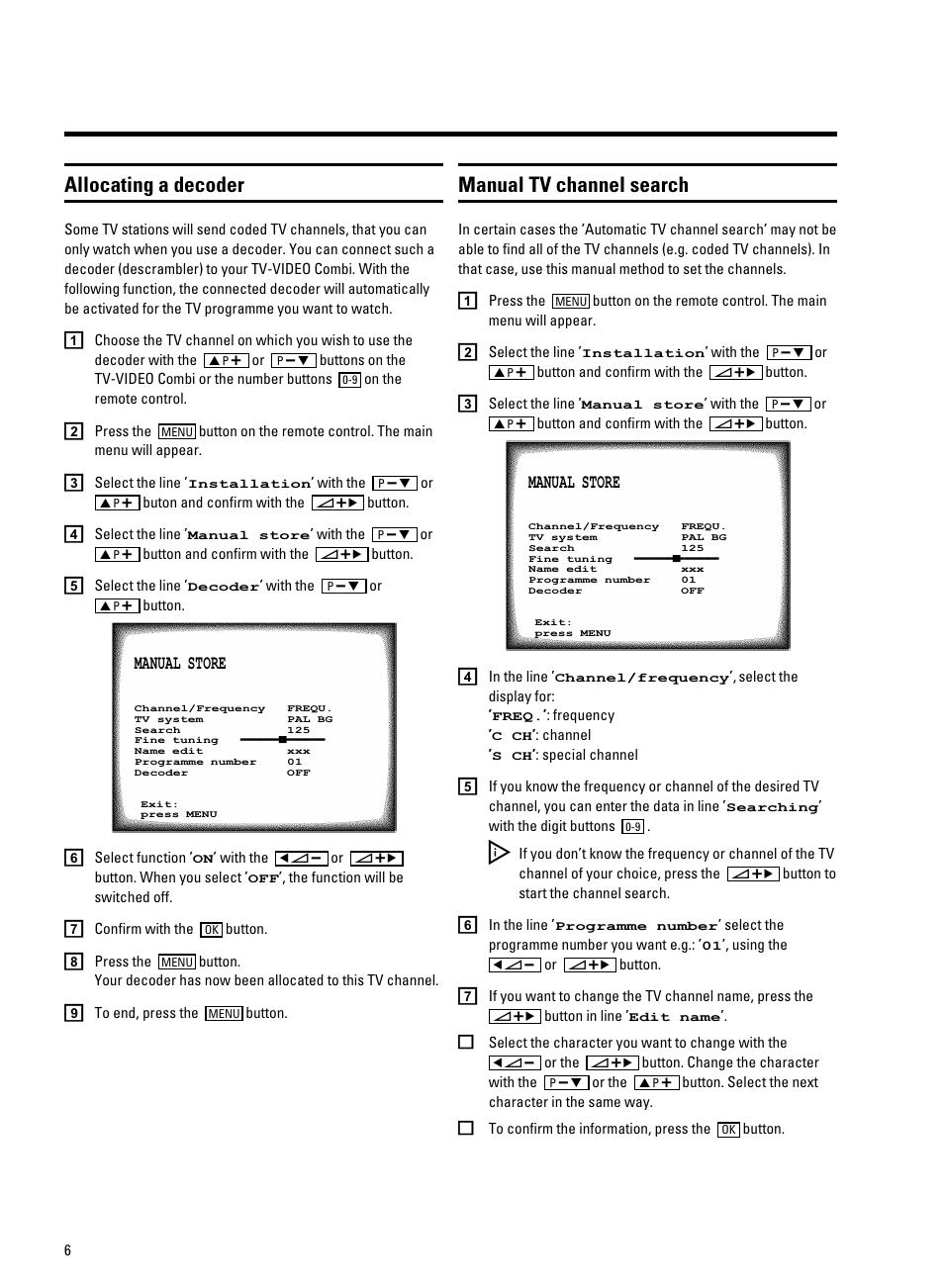 Allocating a decoder, Manual tv channel search | Philips 14PV340 User Manual | Page 8 / 26
