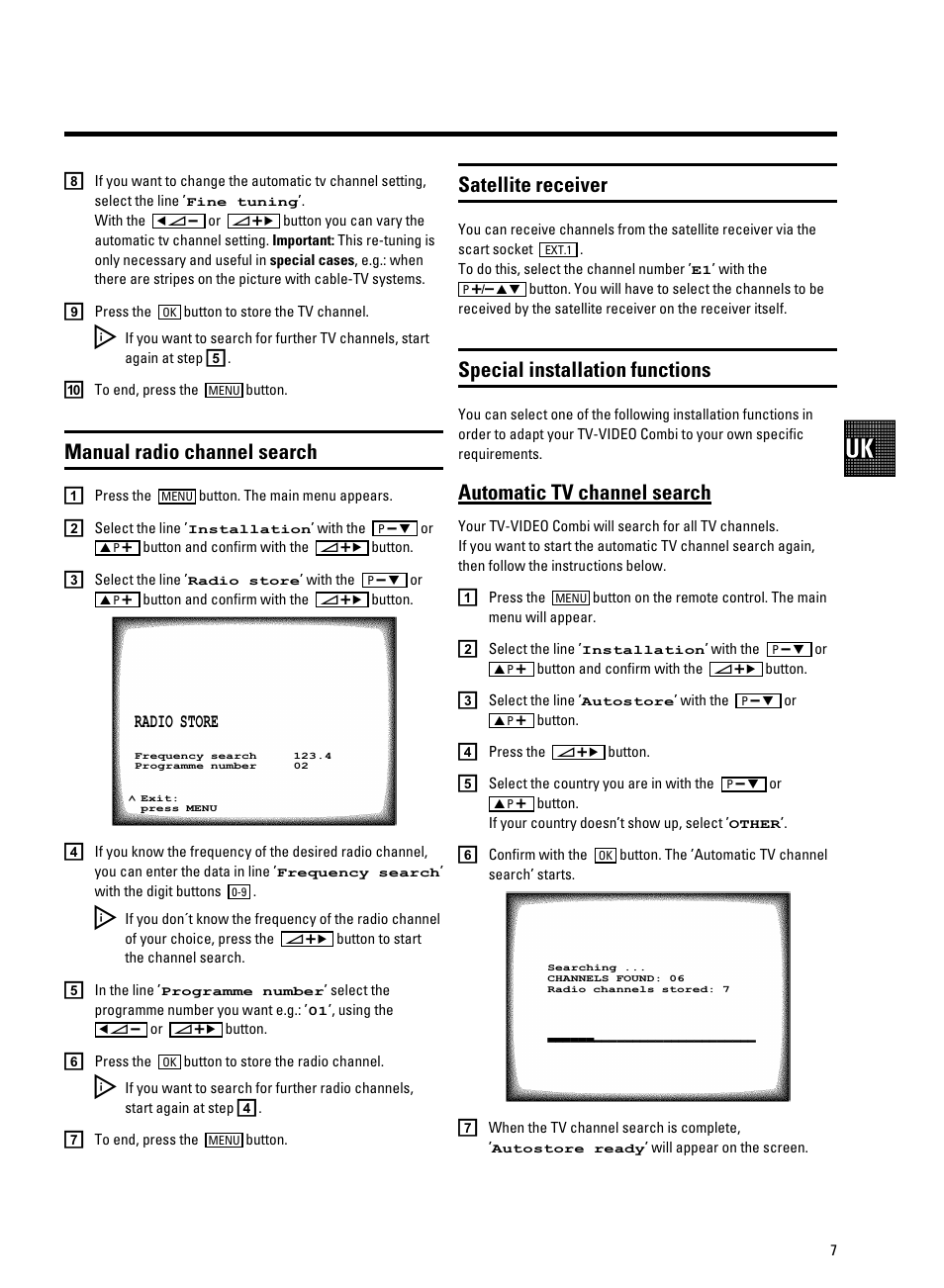 Manual radio channel search, Satellite receiver, Special installation functions | Automatic tv channel search | Philips 14PV340 User Manual | Page 9 / 26