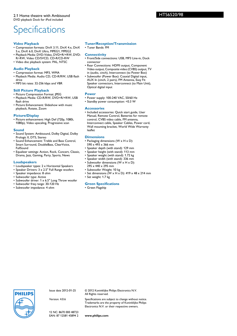 Specifications | Philips HTS6520/98 User Manual | Page 3 / 3