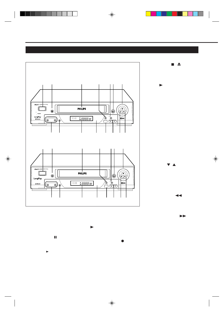 Escription, Ontrols, Front panel | 1 power button, 2 still/pause 8 button, 3 cassette compartment, 43 /ok button, 5 rec (record)/otr ¶ button, 6 stop/eject 7 / 0 button, 7 play 3 button | Philips VR388-55 User Manual | Page 2 / 20