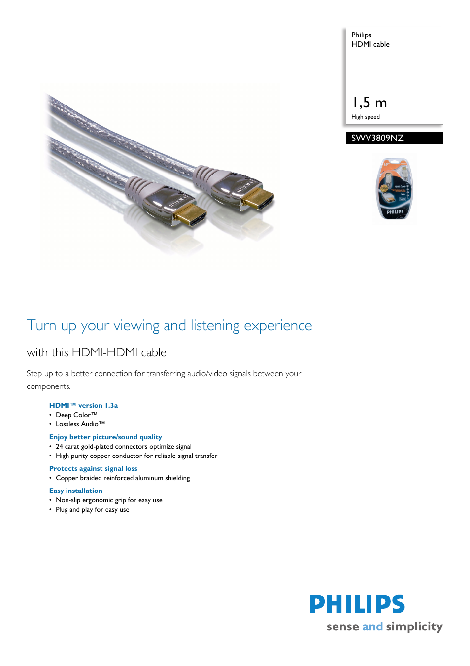 Philips HDMI Cable SWV3809NZ User Manual | 2 pages