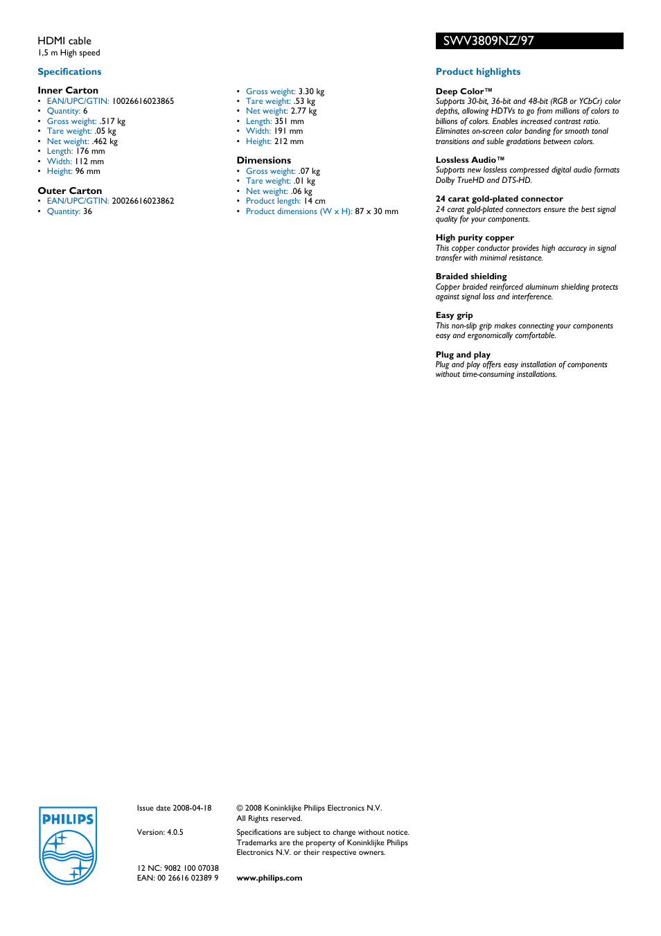Philips HDMI Cable SWV3809NZ User Manual | Page 2 / 2