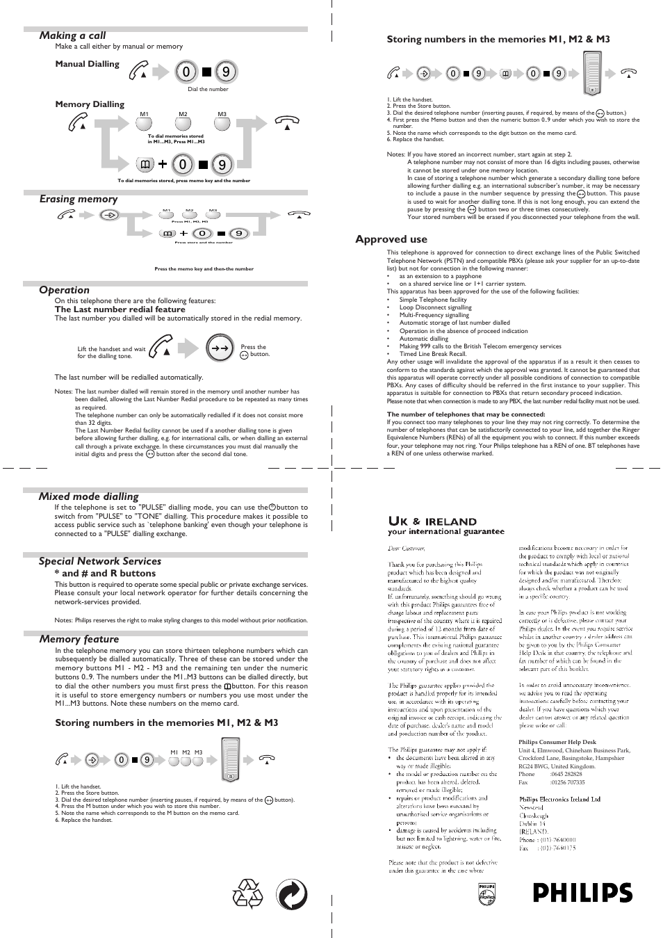 Making a call, Approved use, Operation | Mixed mode dialling, Special network services, And # and r buttons, The last number redial feature | Philips skip 100 User Manual | Page 2 / 2