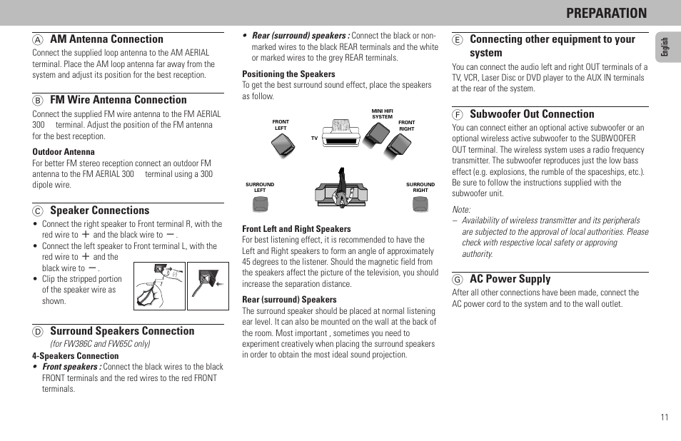 Preparation, A am antenna connection, B fm wire antenna connection | C speaker connections, D surround speakers connection, E connecting other equipment to your system, F subwoofer out connection, G ac power supply | Philips FW65C User Manual | Page 11 / 27