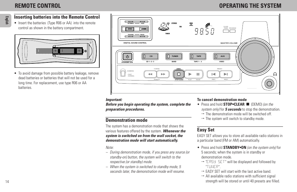 Remote control operating the system, Easy set, Demonstration mode | Inserting batteries into the remote control, Fw 318c | Philips FW65C User Manual | Page 14 / 27