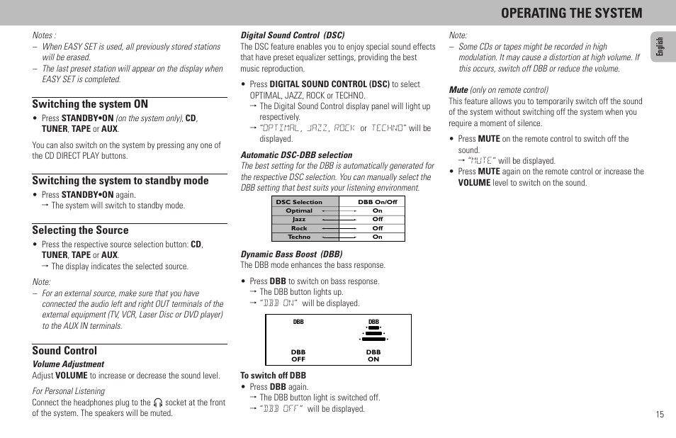 Operating the system, Switching the system on, Switching the system to standby mode | Selecting the source, Sound control | Philips FW65C User Manual | Page 15 / 27