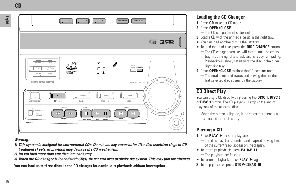 Loading the cd changer, Cd direct play, Playing a cd | 16 english | Philips FW65C User Manual | Page 16 / 27