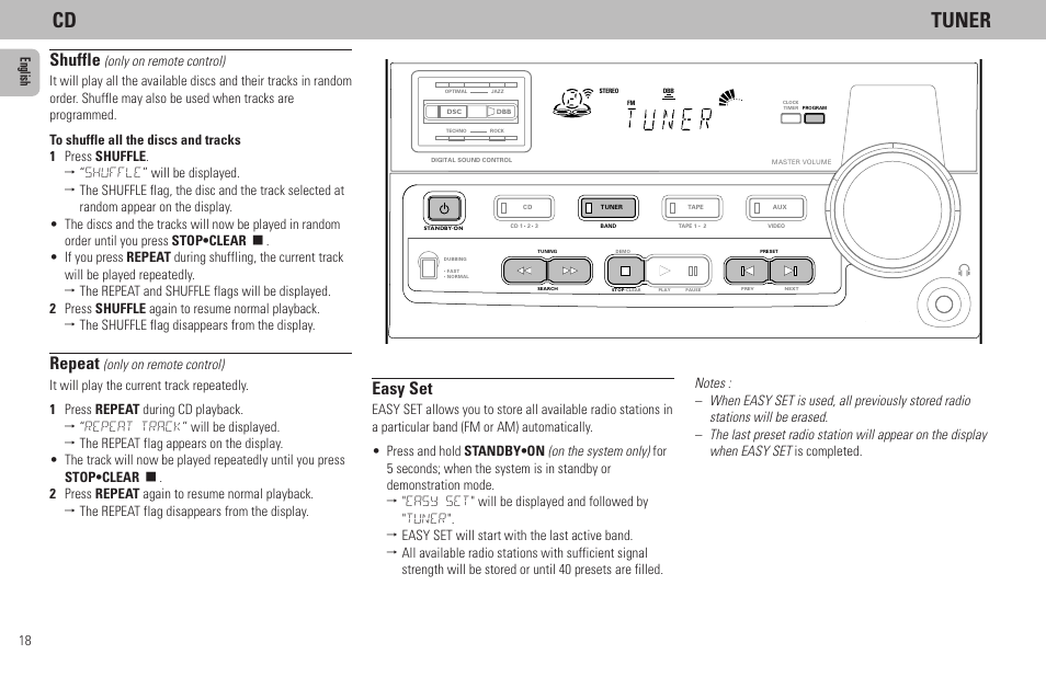 Cd tuner, Shuffle, Repeat | Easy set, 18 english | Philips FW65C User Manual | Page 18 / 27