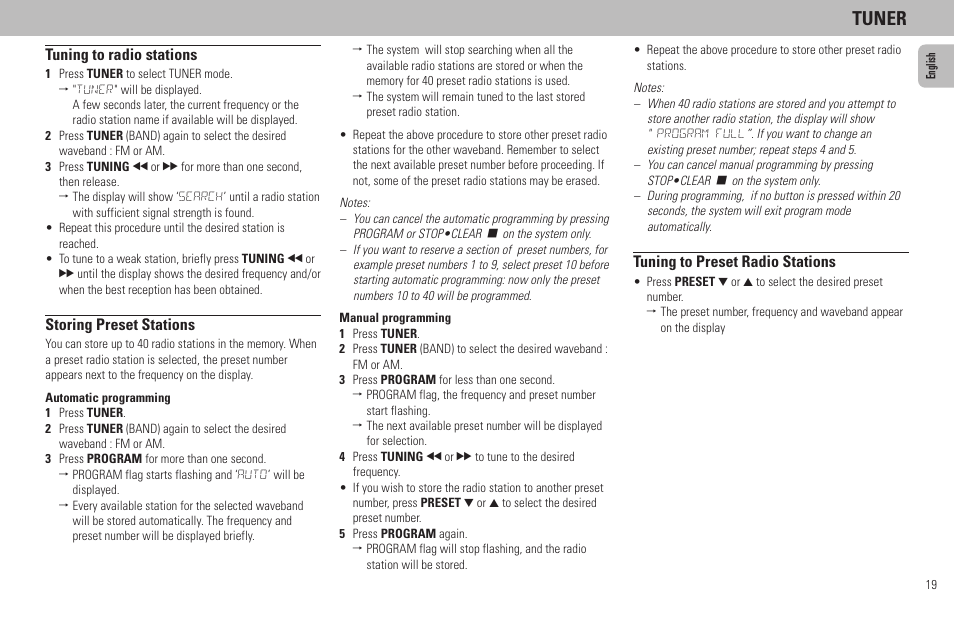 Tuner, Tuning to radio stations, Storing preset stations | Tuning to preset radio stations | Philips FW65C User Manual | Page 19 / 27