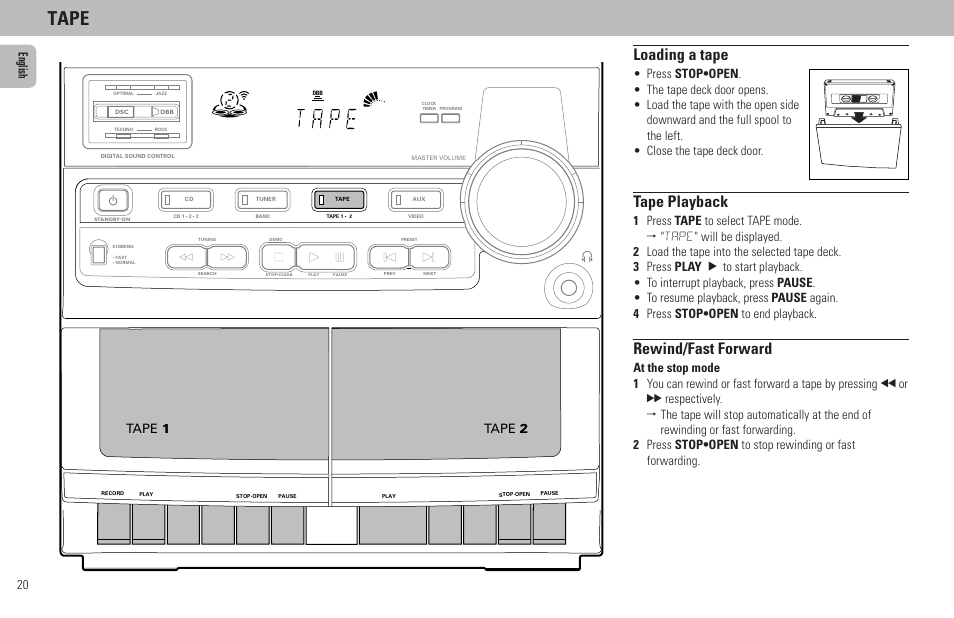 Tape, Loading a tape, Tape playback | Rewind/fast forward, 20 english, Tape 1, Tape 2 | Philips FW65C User Manual | Page 20 / 27