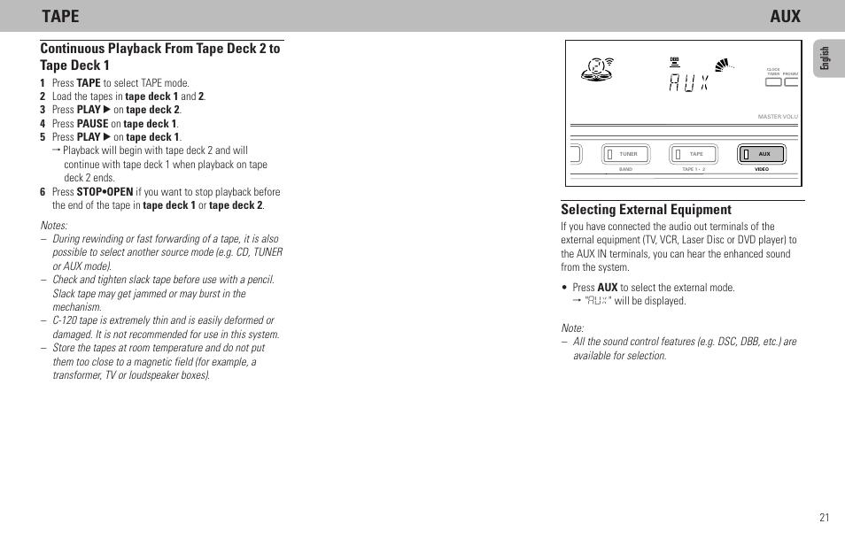 Tape aux, Selecting external equipment, 21 english | Philips FW65C User Manual | Page 21 / 27