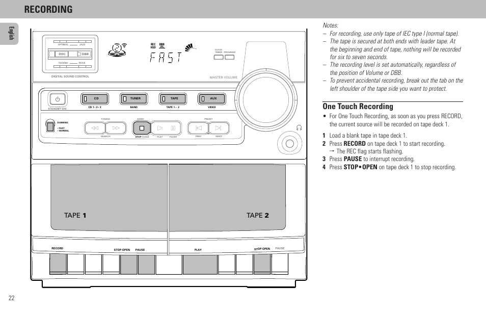 Recording, One touch recording, 22 english | Tape 1, Tape 2 | Philips FW65C User Manual | Page 22 / 27