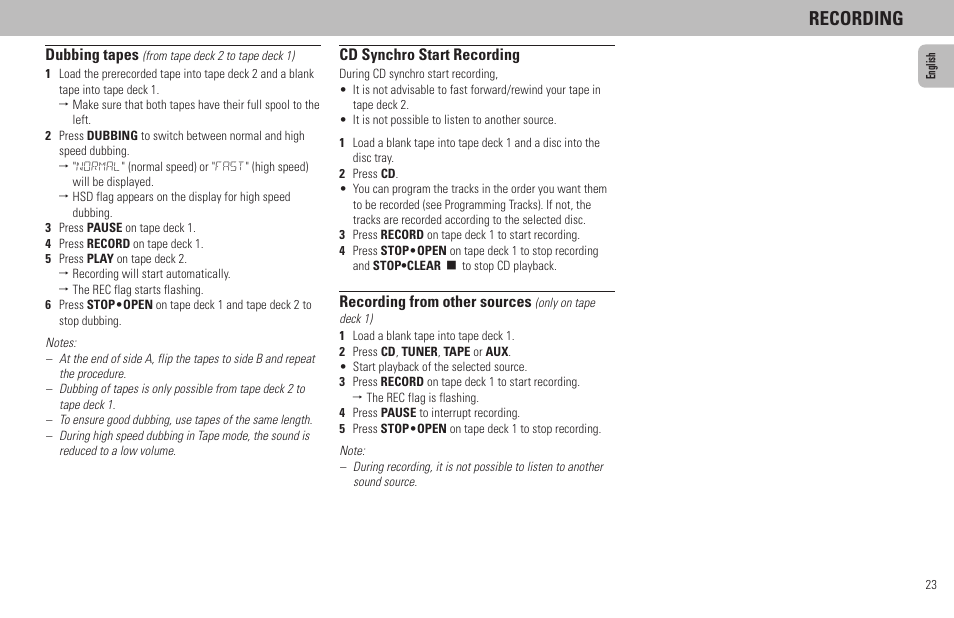 Recording, Dubbing tapes, Cd synchro start recording | Recording from other sources | Philips FW65C User Manual | Page 23 / 27