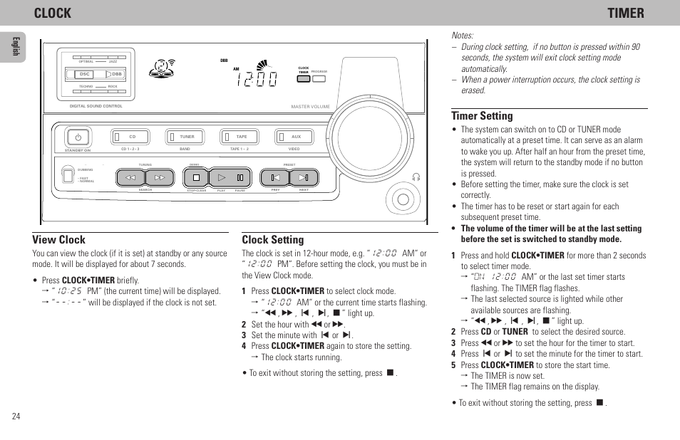 Clock timer, Timer setting, View clock | Clock setting | Philips FW65C User Manual | Page 24 / 27