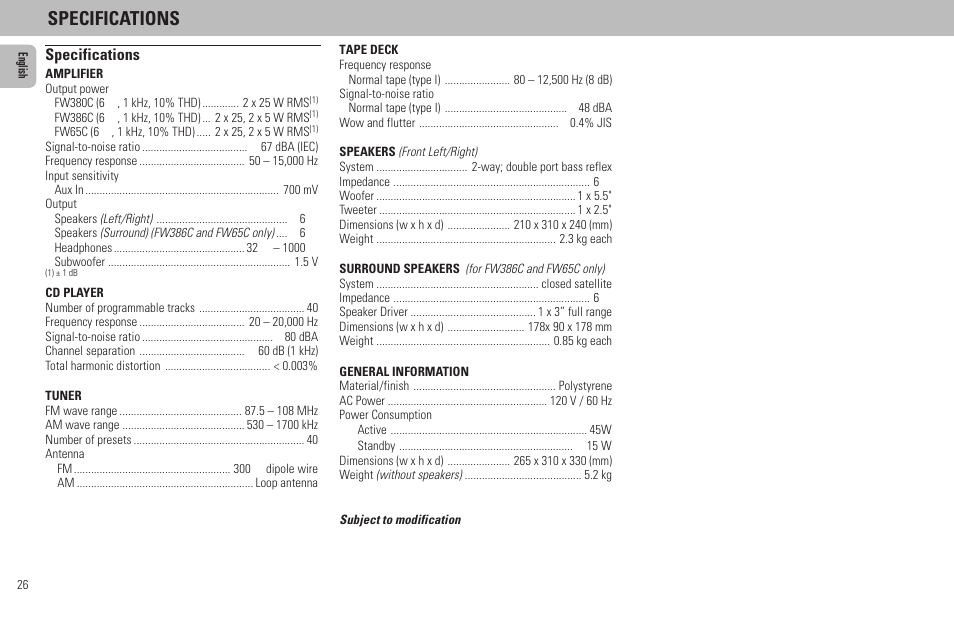 Specifications | Philips FW65C User Manual | Page 26 / 27