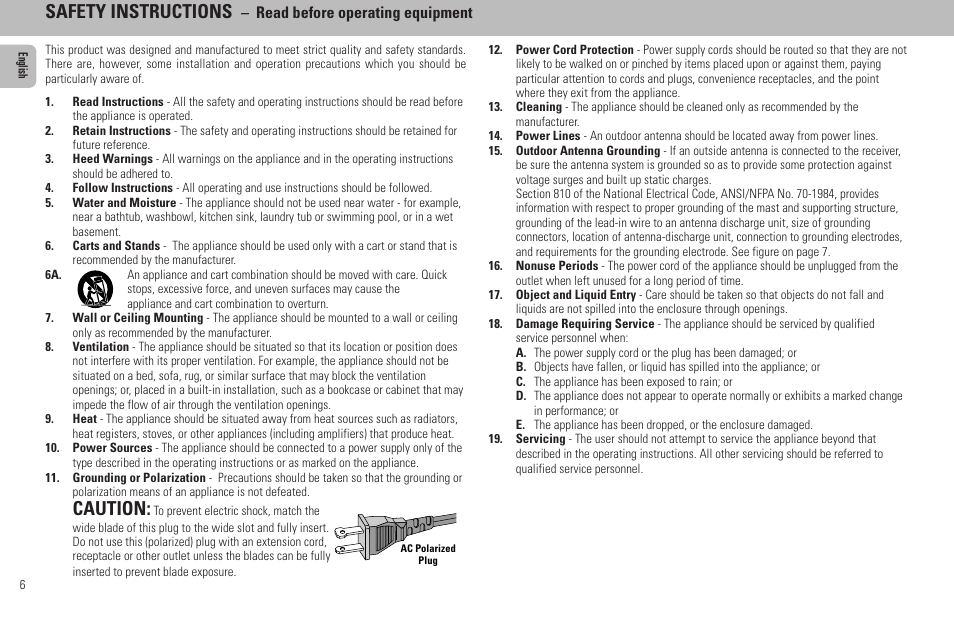 Safety instructions, Caution, Read before operating equipment | Philips FW65C User Manual | Page 6 / 27