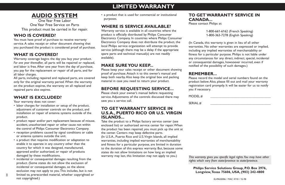 Limited warranty, Audio system | Philips FW65C User Manual | Page 8 / 27