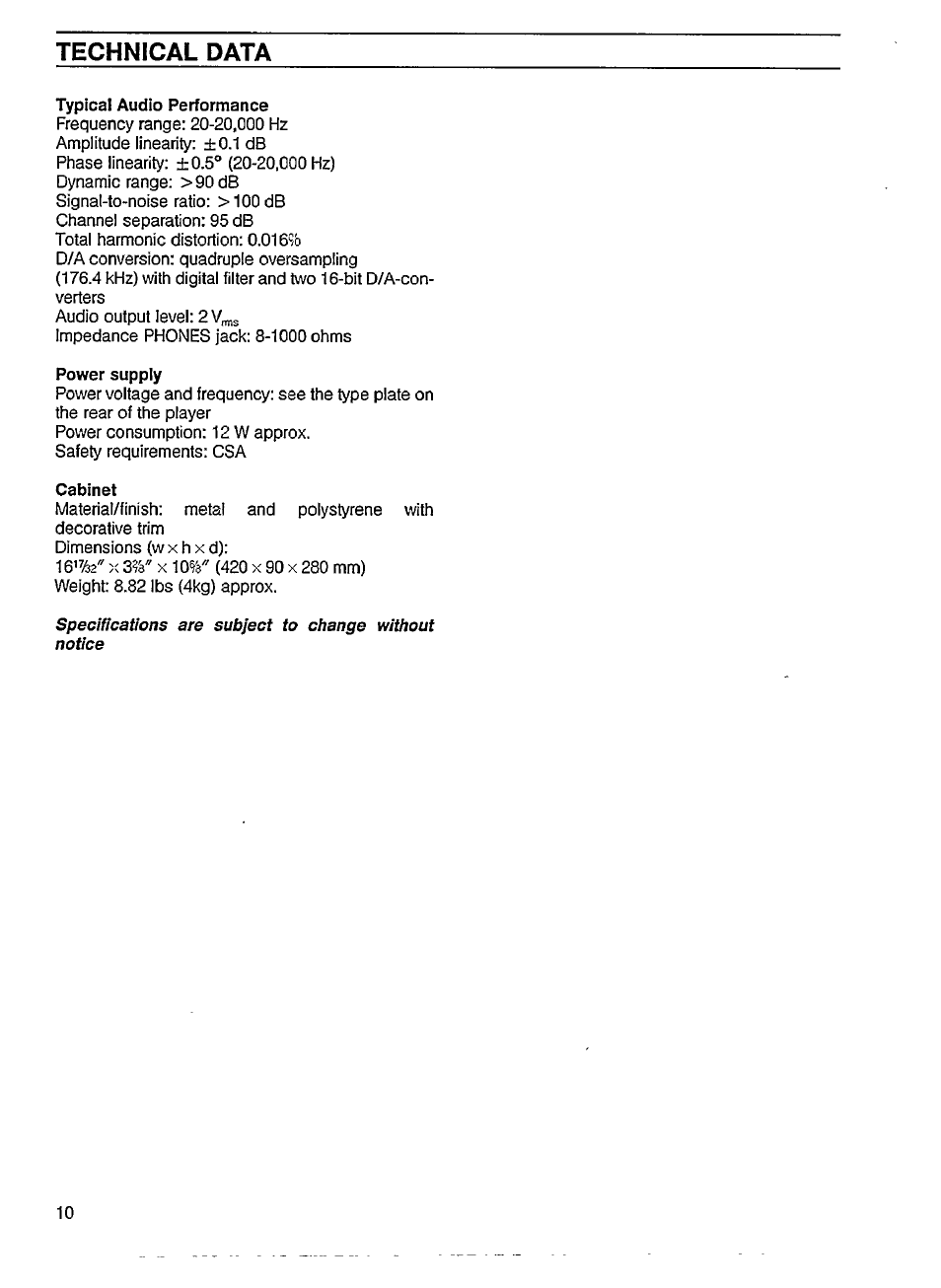 Technical data | Philips CD 614 User Manual | Page 10 / 12