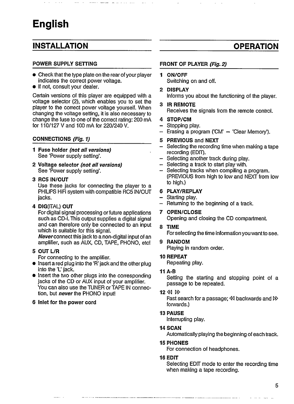 English, Installation operation | Philips CD 614 User Manual | Page 5 / 12