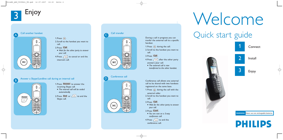 Welcome, Philips, Quick start guide | Connect, Install, Enjoy | Philips A VOIP841 User Manual | Page 2 / 2